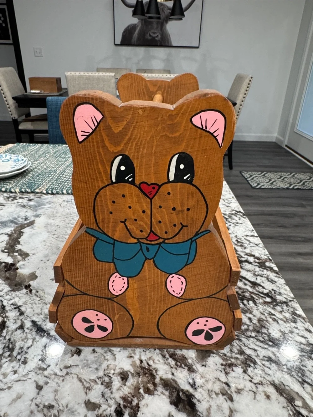 Hand-Painted Wooden Bear basket - Brown with Pink & Teal Accents